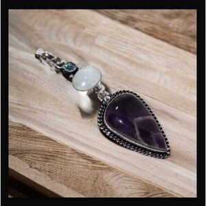 Banded Amethyst, Rainbow Moonstone & Topaz Gemstone Handcrafted Pendant 3" NWT